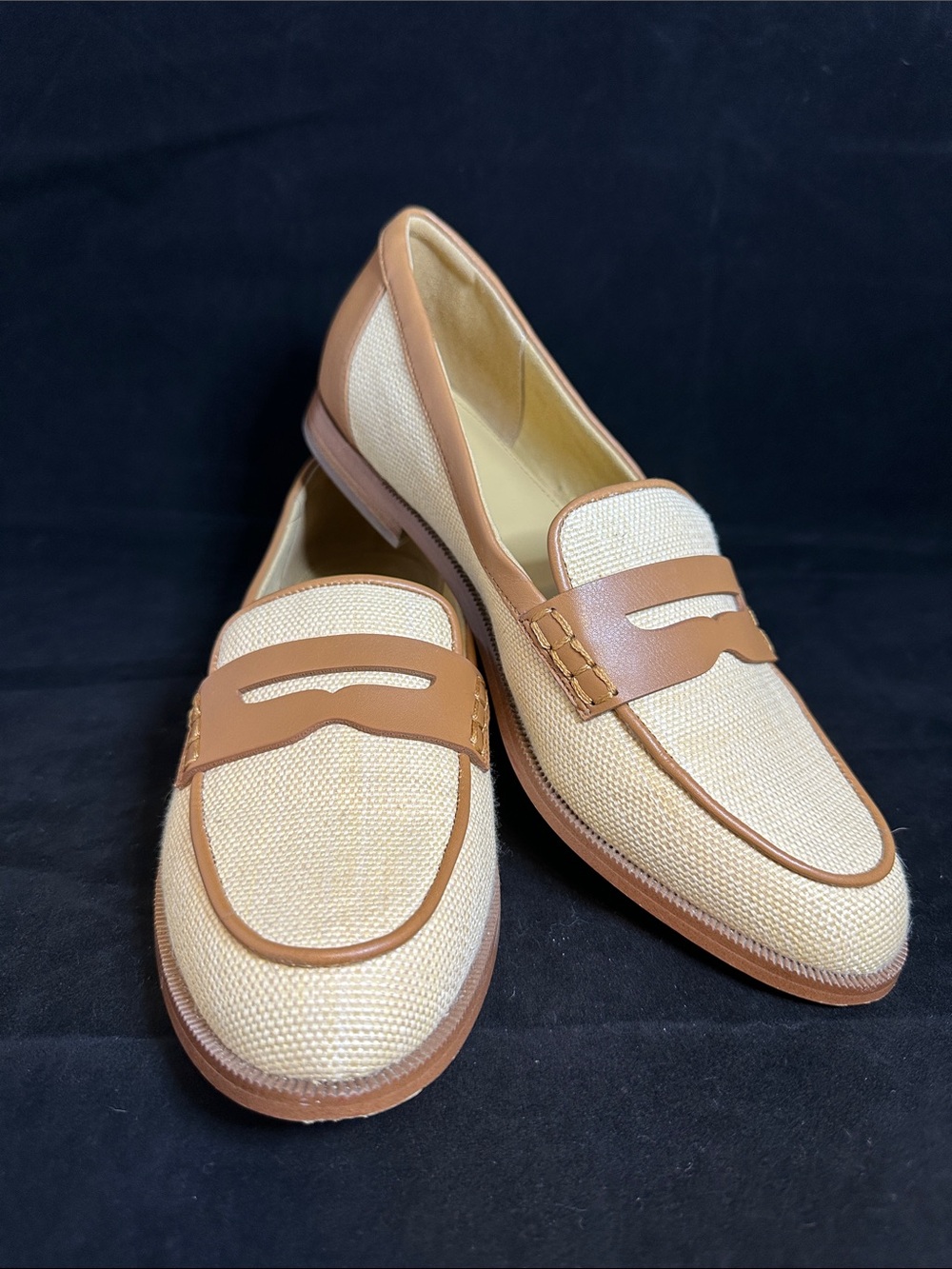 J. Crew Factory Cream Raffia and Tan Leather Penny Loafers